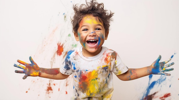 Słodki mały chłopiec śmiejący się razem i bawiący się farbami namalowanymi skórzanymi rękami portret dziecka