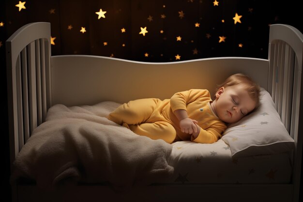 Słodki mały chłopiec śpiący w kołysce w nocy światła na tle