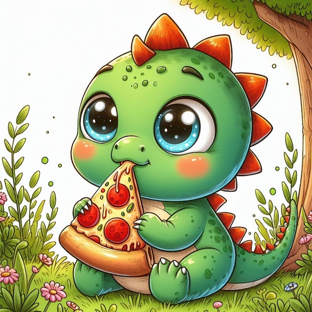 Zdjęcie słodki mały dinozaur jedzący pizzę ilustracje fast food ai generated