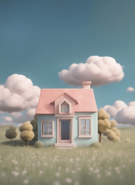 Słodki mały domek na łące 3d render styl generatywny ai ilustracja