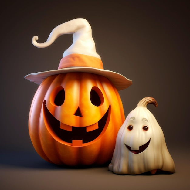 Słodki mały duch z dynią na Halloween w renderingu 3D