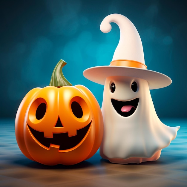 Słodki mały duch z dynią na Halloween w renderingu 3D