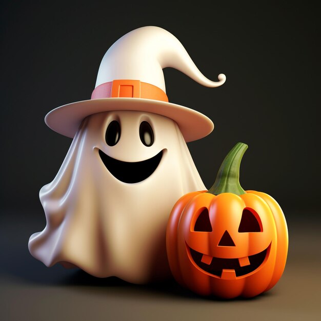 Słodki mały duch z dynią na Halloween w renderingu 3D