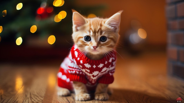 Słodki mały kot w świątecznym swetrze