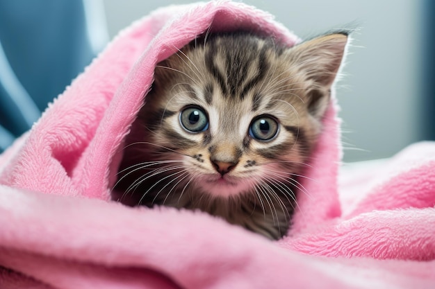 Słodki mały kotek owinięty w różowy ręcznik na kolorowym tle zbliżenie Słodki, mokry szary pręgowany kotek po kąpieli owinięty w różowy ręcznik z niebieskimi oczami Wygenerowane przez AI
