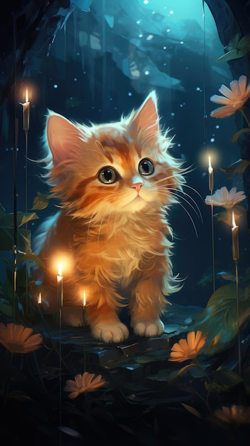 słodki mały kotek w nocnym lesie