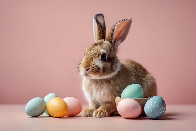 Słodki mały królik i jaja wielkanocne na różowym tle z przestrzenią do kopiowania