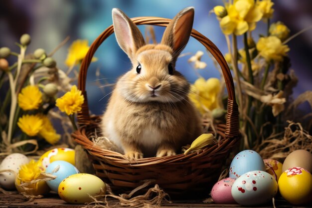 Słodki mały królik w koszu i jaja wielkanocne na łące.