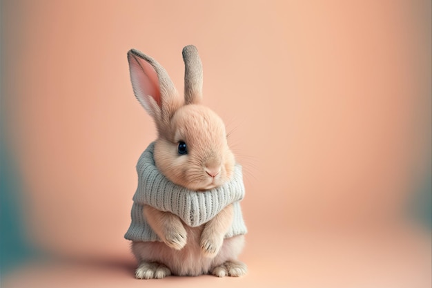 Słodki mały królik w szarej wełnianej koszulce na pomarańczowym tle Generative AI