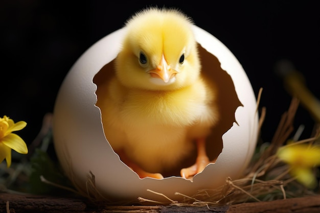 Słodki mały kurczak wyczołgający się z białego jajka odizolowany na ciemnym tle studia Wielkanoc