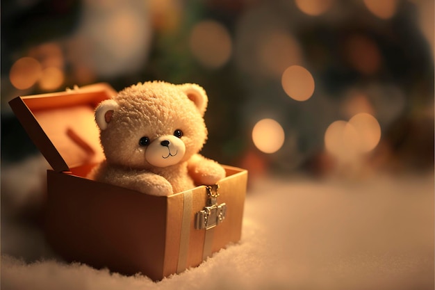 Słodki mały miś siedzi w pięknym pudełku prezentowym