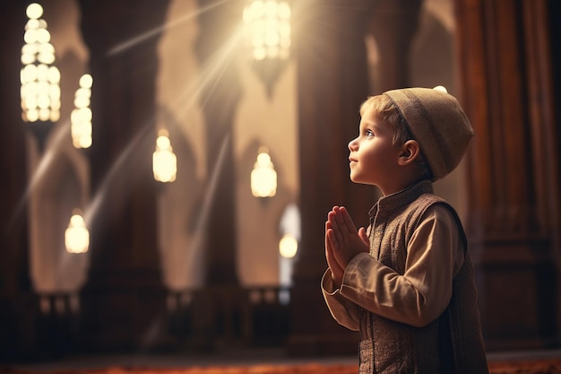 Słodki mały muzułmański chłopiec modlący się w meczecie