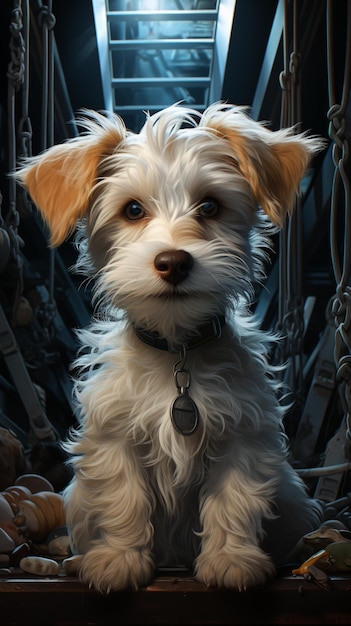 Słodki mały pies ćwiczy w stylu ilustracji z innego świata odniesienia do kultury pop ucho