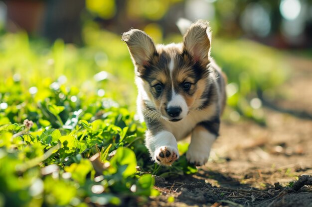 Słodki mały pies energicznie biega i bawi się na pięknym zielonym trawiastym polu