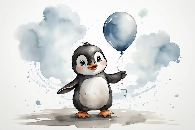 Zdjęcie słodki mały pingwin z balonami na białym tle.