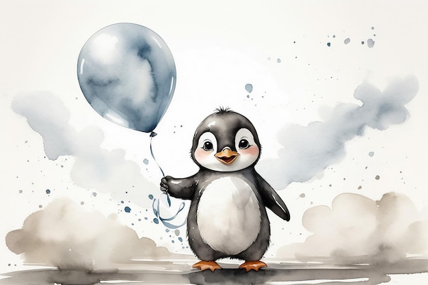 Słodki mały pingwin z balonami na białym tle.