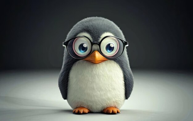 Słodki mały pingwin z grubymi okularami, czyste tło.