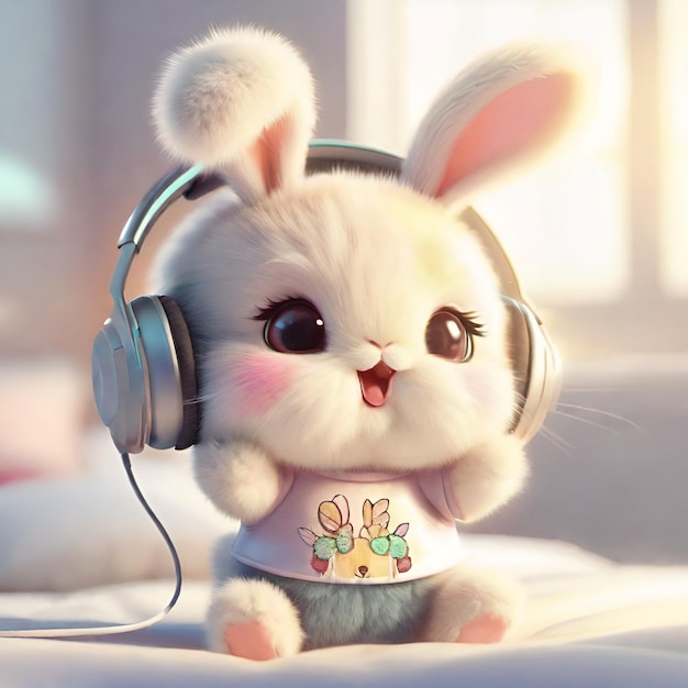Słodki, mały, puszysty króliczek w słuchawkach Uroczy króliczek słuchający muzyki