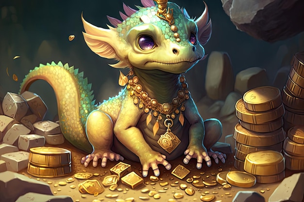 Słodki mały smok siedzi na stosie skarbów otoczonych monetami i klejnotami