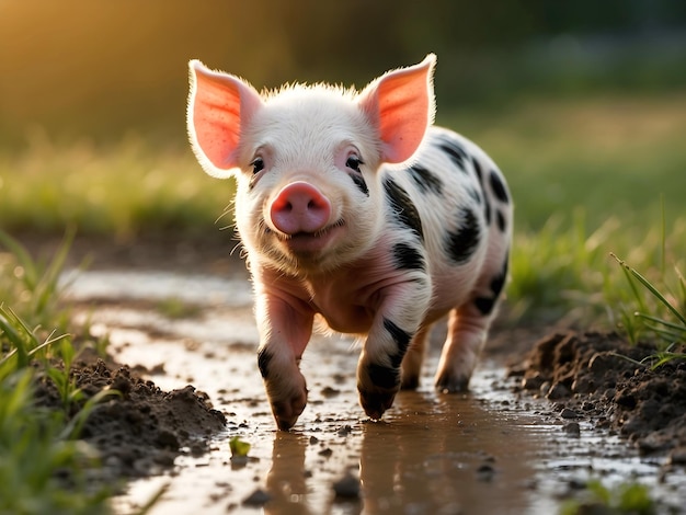 Słodki mały świneczek bawiący się na zielonym polu.