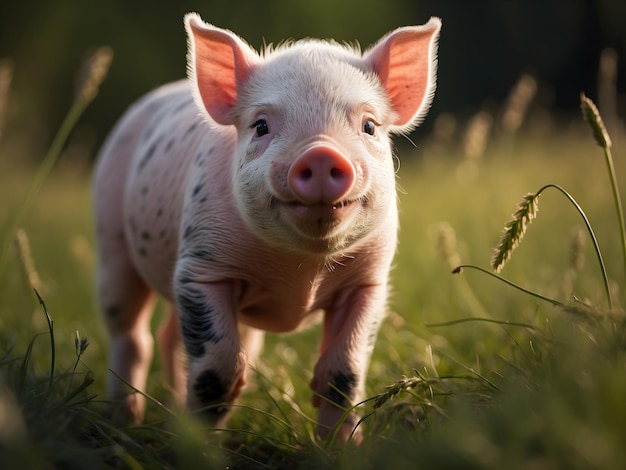 Zdjęcie słodki mały świneczek bawiący się na zielonym polu.