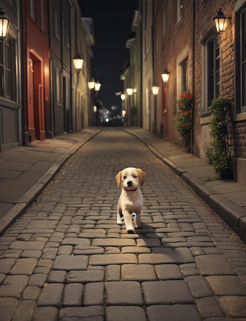 Słodki mały szczeniak idący po brukowanej ulicy ozdobionej światłami i przerażającymi przedmiotami