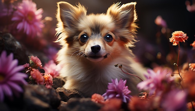 Zdjęcie słodki mały szczeniak siedzi na zewnątrz i patrzy na kwiat wygenerowany przez sztuczną inteligencję