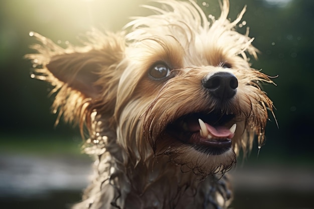 Słodki, mały, szczęśliwy, uśmiechnięty pies z mokrym pyskiem, yorkshire terrier, cieszący się patrząc na spacer po deszczu na zewnątrz