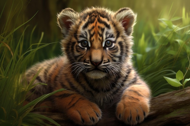 Słodki mały tygrys leży na pniu w trawie Słodki tygrys siedzi na trawie szczegółowe ciało AI generowane