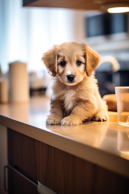 Słodki, mały, złoty retriever siedzący na kuchennym stole.