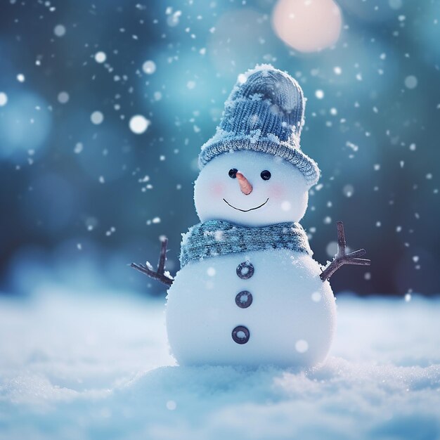 Słodki mini śnieżak nosi miękkie niebieskie zimowe ubrania