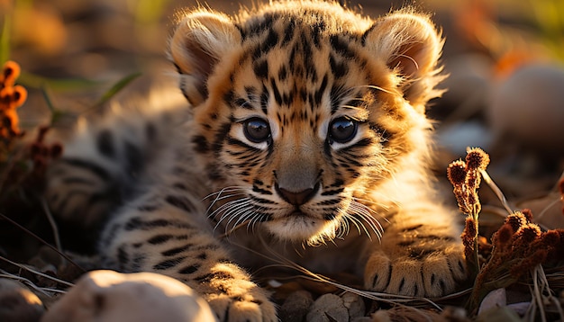 Słodki młody tygrys wpatrujący się w piękno natury, niebezpieczeństwo generowane przez sztuczną inteligencję