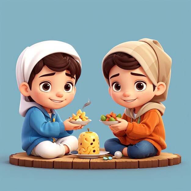 Słodki muzułmański chłopiec łamiący post Ilustracja kreskówki radości Ramadanu