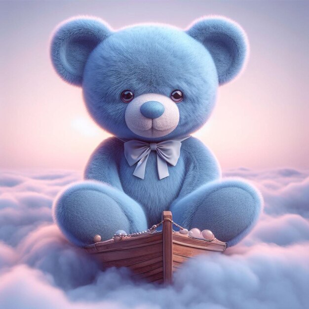 Zdjęcie słodki niebieski pluszowy niedźwiedź siedzi w łodzi w dzień pluszowy ai generowany