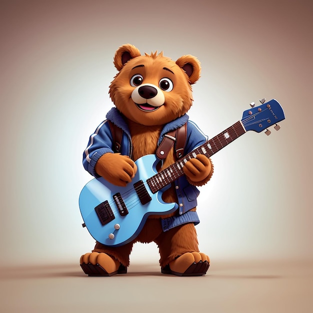 Słodki niedźwiedź grający na gitarze z metalową ręką ilustracja ikony wektorowej kreskówki