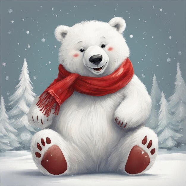 Słodki niedźwiedź polarny w czerwonym szalu na tle bajkowego lasu pomalowanego farbami