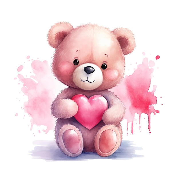 Słodki niedźwiedź w stylu akwarelu z sercem valentine design kartki podarunkowej izolowany na białym tle