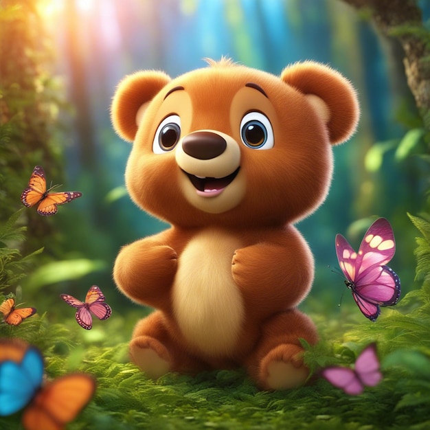 Słodki niedźwiedź z kreskówki 3D bawiący się z kolorowym zestawem motyli na czystym, niewyraźnym tle dżungli