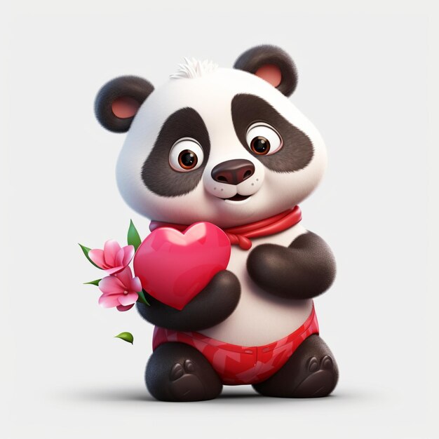 Słodki panda z sercem zwierzę 3d rendering