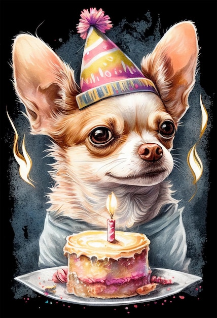 Słodki pies Chihuahua z tortem urodzinowym Pet birthday party Akwarela AI generatywna ilustracja