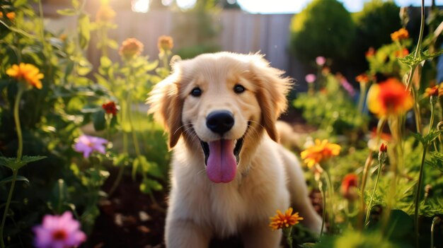 Słodki pies cieszący się zabawą w ogrodzie