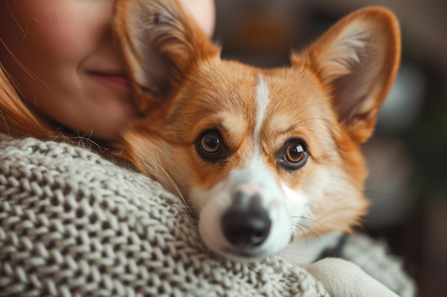 Słodki pies Corgi patrzy na kamerę, podczas gdy jego właściciel trzyma go u weterynarza Selective focus copy space Koncepcja opieki zdrowotnej dla zwierząt domowych