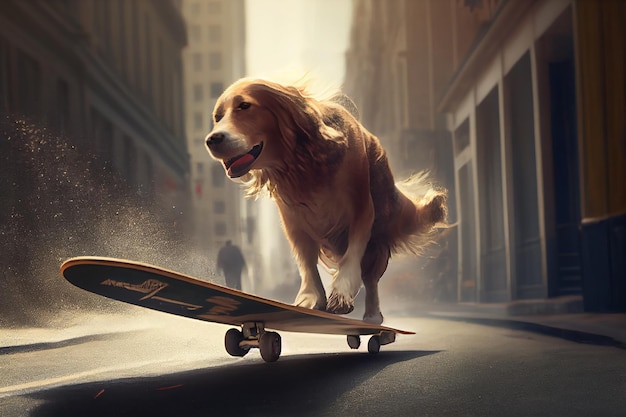 Słodki pies grający na deskorolce na drodze