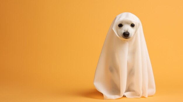 Słodki pies owinięty w prześcieradło w kostiumie ducha na minimalistycznym tle koncepcja Halloween