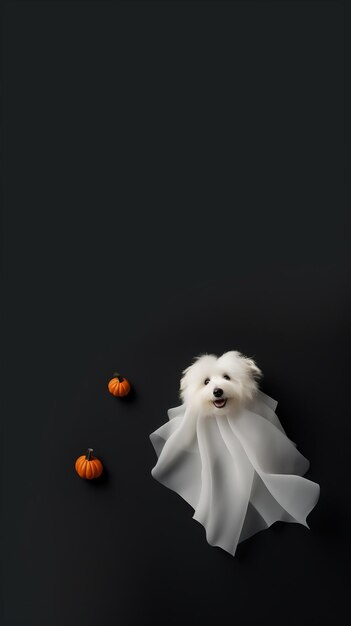 Słodki pies owinięty w prześcieradło w kostiumie ducha na minimalistycznym tle koncepcja Halloween