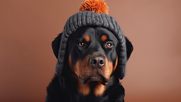 Słodki pies Rottweiler w ciepłej czapce na kolorowym tle z technologią Generative AI