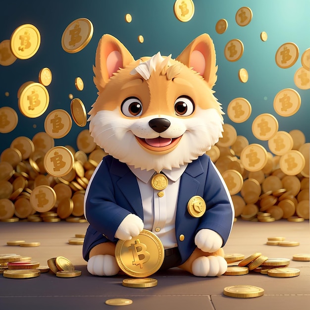 Zdjęcie słodki pies shiba inu z złotą monetą wektorowa ikona kreskówki ilustracja koncepcja ikony finansów zwierząt izolowany premium wektorowy styl kreskówki płaskiej