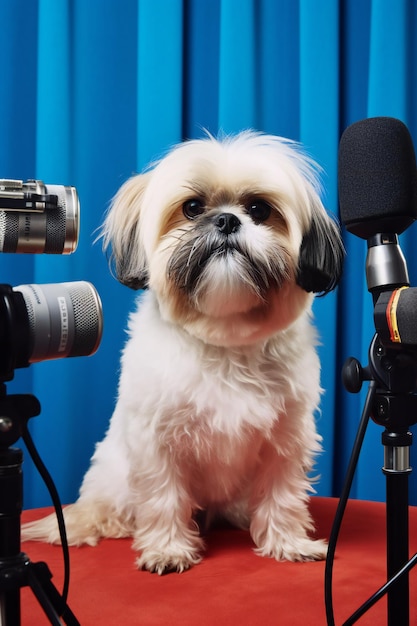 Słodki pies Shih Tzu z kamerami i mikrofonami z przodu Orientacja pionowa Generatywna ai