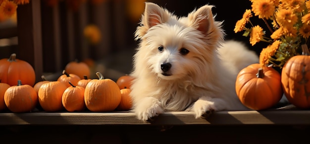 Słodki pies siedzący i słuchający z dyniami i kratą jesienią Halloween, szczęśliwego Święta Dziękczynienia