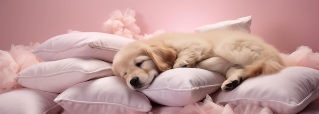 Zdjęcie słodki pies śpiący na poduszkach generatywny ai